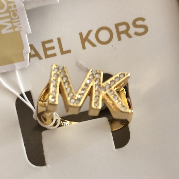 Michael Kors Gold Plated Brass Gold Tone MK Logo Ring Crystal Accents Size 8 NWT - Picture 5 of 13